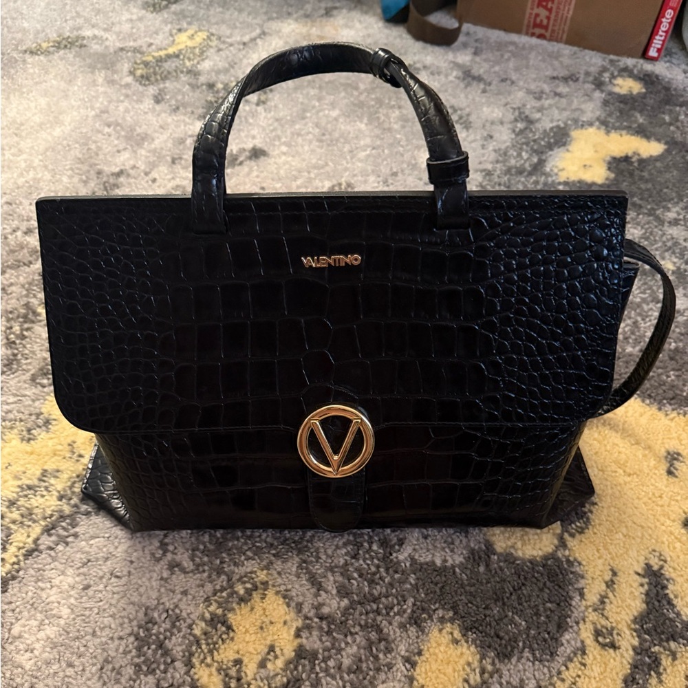 Valentino Black Croc-Embossed Leather Handbag